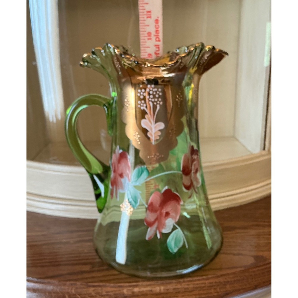 Vintage Bohemian Green Glass Pitcher & 6 Glasses Hand Painted Floral Gold Set - Picture 16 of 16